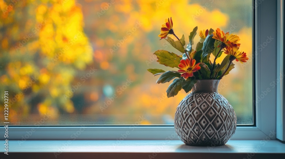 Poster Houseplant and flower vase on a windowsill with autumn scenery creating a warm atmosphere and inviting empty space for text placement
