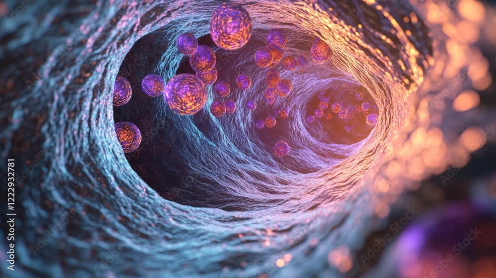 Poster microscopic view of microvortex structure with colorful particles and empty space for text usage