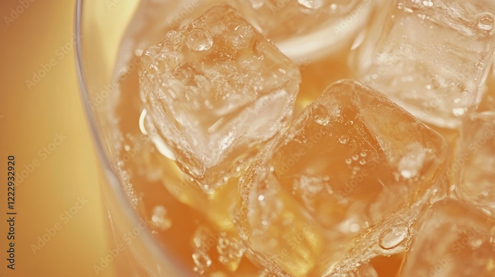 Poster close up of clear ice cubes in a refreshing glass beverage with space for text or marketing message