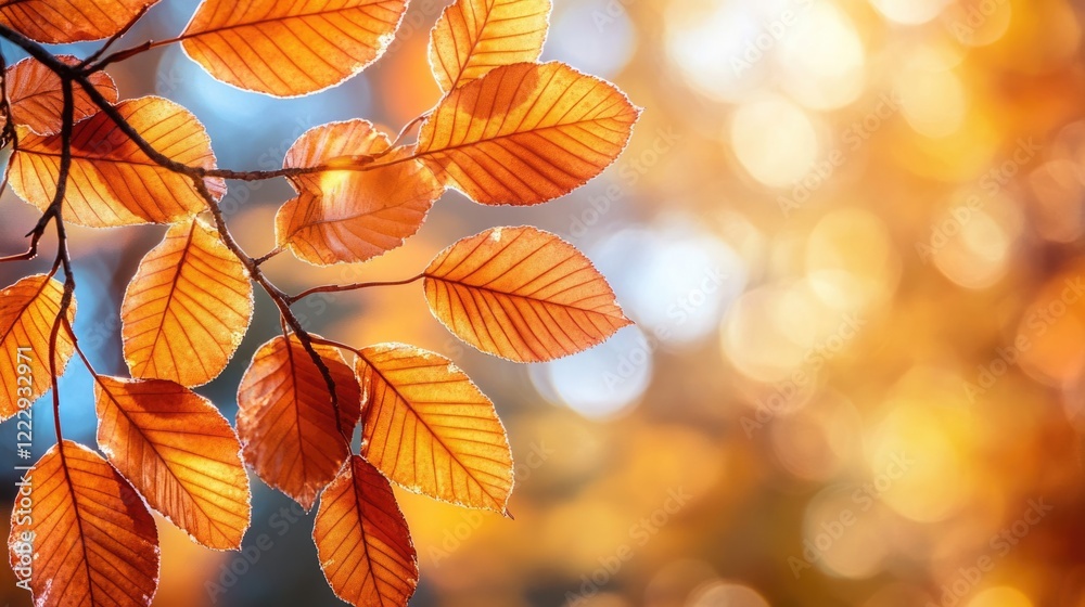 Leinwandbilder Autumn leaves with vibrant orange hues and soft bokeh background creating a serene atmosphere ideal for text placement and design usage