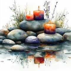 Tranquil scene with three glowing candles atop smooth stones by a serene water surface reflecting nature
