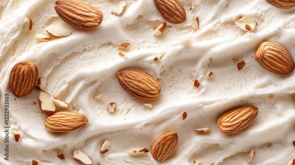 Poster Creamy ice cream topped with almonds on smooth texture background with space for creative text or advertising content