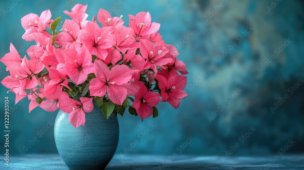 Poster vibrant pink bougainvillea flowers in a ceramic vase against a blue textured background with ample e