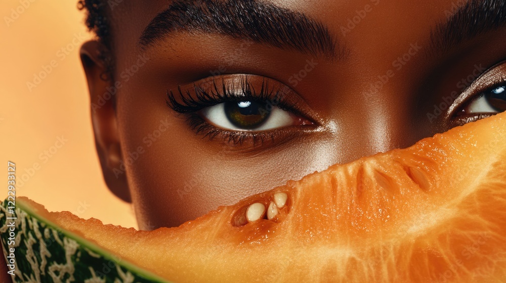 Poster close up of healthy dark skin featuring vibrant melon with emphasis on eyes and empty space for text