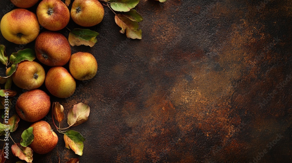 Aufkleber Harvested Calvados apples arranged with autumn leaves on dark textured background creating space for text or branding.
