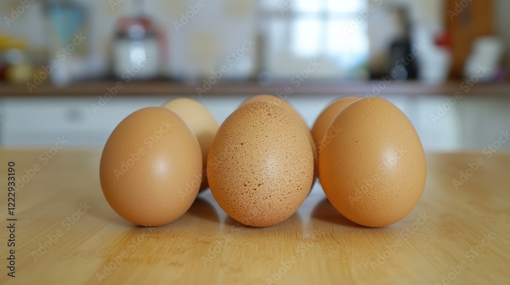 Poster close up of brown eggs arranged on a kitchen table with a low angle shot and empty space for text in