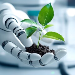 Robotic Hands Nurturing Green Plant in Clean Laboratory Setting