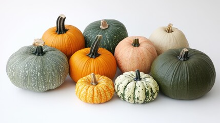 Close up of diverse pumpkins and gourds arranged on white background with ample empty space for creative text or seasonal messaging.