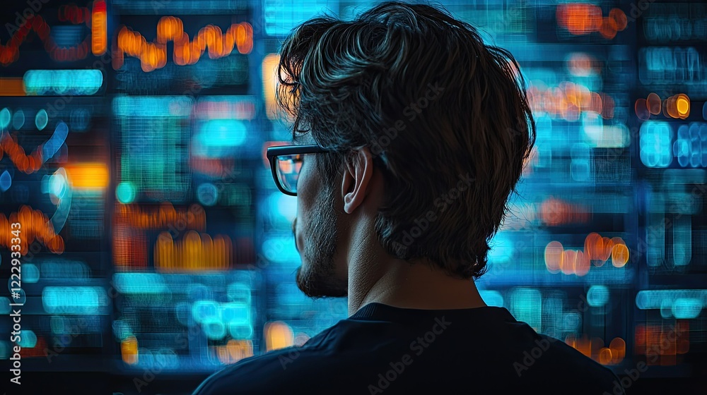 Poster man observing data streams on multiple screens