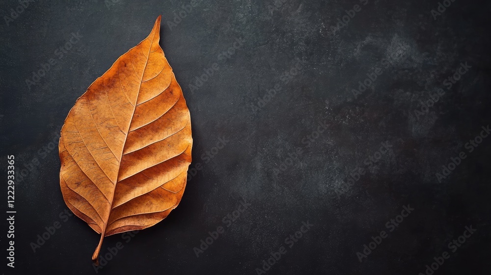 Poster dry leaf on dark background showcasing intricate vein patterns with ample copy space for text or des