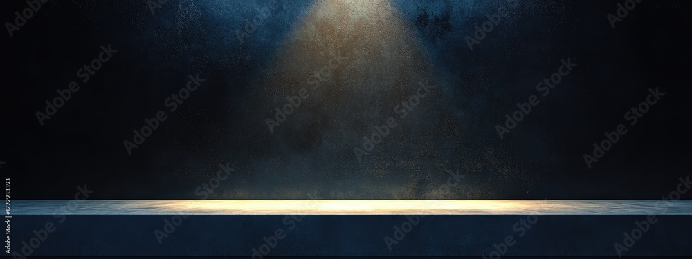 Poster dramatic spotlight illuminating a pristine platform with a divider showcasing an empty space for tex