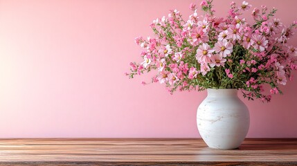 Pink and white flowers in a vase on a wooden table.