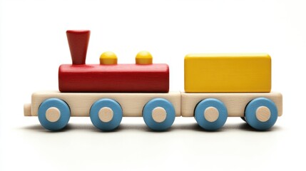 Naklejka premium Colorful wooden toy train with bright primary colors isolated on white background perfect for children's product advertising and design projects