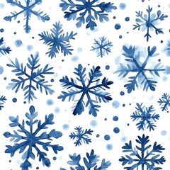 A beautiful array of blue watercolor snowflakes scattered on a white background, perfect for winter-themed designs