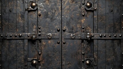 Fototapeta premium Iron metal door with dark scale effect and reflective texture featuring space for empty text or design elements