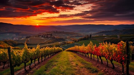 Chianti Vineyard Landscape with Sunset. Beautiful View of Chianti Vineyards in Gaiole, Tuscany, Italy with Autumn Colors and Green Fields