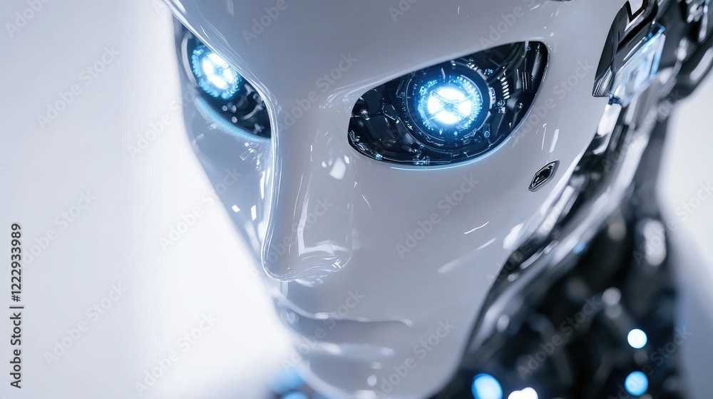 Poster close up of a futuristic robotic face with illuminated features representing data automation technol