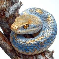 Colorful snake coiled on a tree branch, showcasing intricate scales and vibrant colors in a serene environment