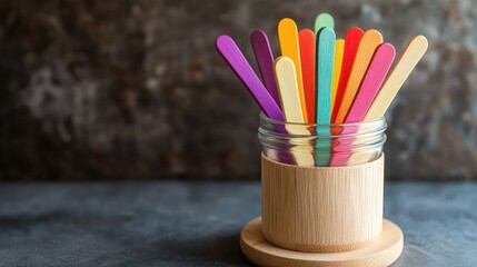Colorful wooden ice cream sticks in a glass jar on wooden stand with blurred background and empty space for creative text or design
