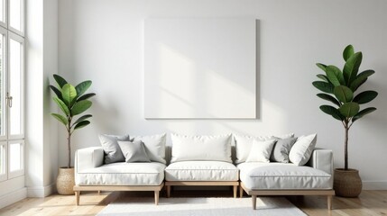 Serene Living Room with Minimalist Sectional Sofa and Blank Canvas for Art