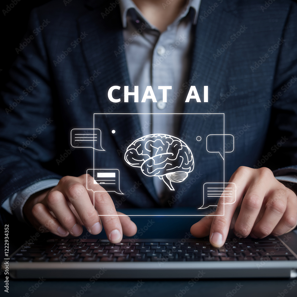 Poster Man Using Laptop, Chatting with AI Chatbot, Artificial Intelligence, Future Technology, Digital Communication, Smart Assistant, Problem Solving,      