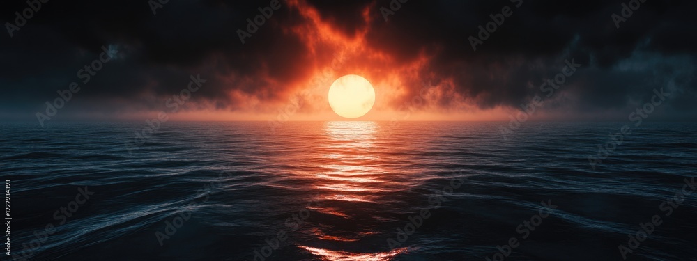 Poster vibrant sunset over tranquil ocean water creating an atmospheric scene ideal for adding text or mess