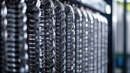 Heat pump exchanger close-up showcasing detailed coils and cooling fins with ample space for text overlay in industrial setting