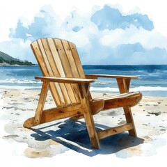 A wooden beach chair facing the ocean under a bright sky, inviting relaxation by the seaside