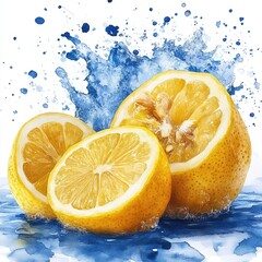 Freshly cut lemons splashing in water with vibrant blue paint splatter in the background, ideal for culinary use