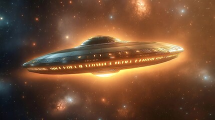 Obraz premium Large alien spaceship soaring through the vastness of space, featuring illuminated windows that glow against a backdrop of twinkling stars and vibrant nebulae