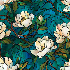 Seamless stained glass style pattern featuring white peony flowers or roses with leaves on a bright green background