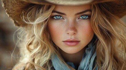 Fototapeta premium A young woman with blonde hair and blue eyes wearing a cowboy hat.