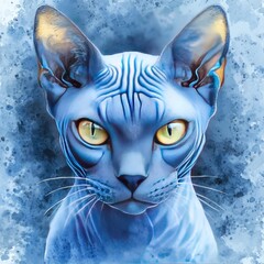A striking blue cat with unique markings gazes intently at the viewer against a textured background