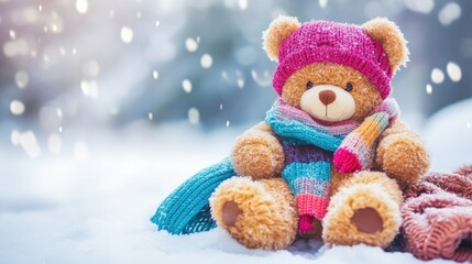 Cozy winter scene featuring a teddy bear in warm clothing surrounded by snow with ample space for text or branding