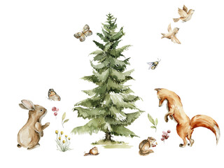 Watercolor nursery woodland composition with characters. Hand painted cute baby animals in wild, forest summer landscape, tree, fox, birds, bunny, rabbit. illustration for baby shower, kids print