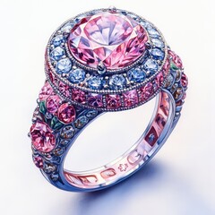 Exquisite pink and blue gemstone ring displayed on a soft gradient background, showcasing intricate details