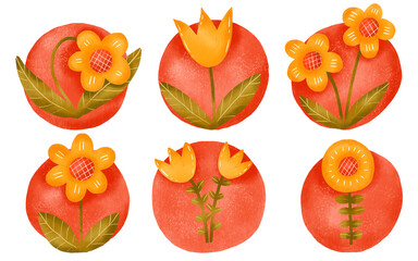 Set of icons with flowers. Spring icon, Blossom flower head hand drawn illustration