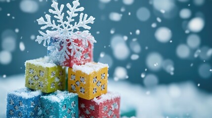 Colorful Winter Snowflake Puzzle Cubes with Snowfall Background and Empty Space for Holiday Text or Messages