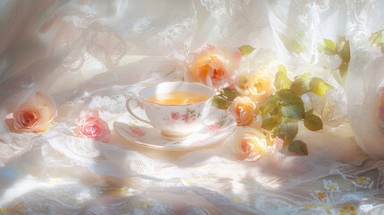 a porcelain teacup resting on an embroidered silk cloth, surrounded by blooming roses and ivy vines