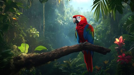 Vibrant Scarlet Macaw Perched on Branch in Lush Tropical Forest