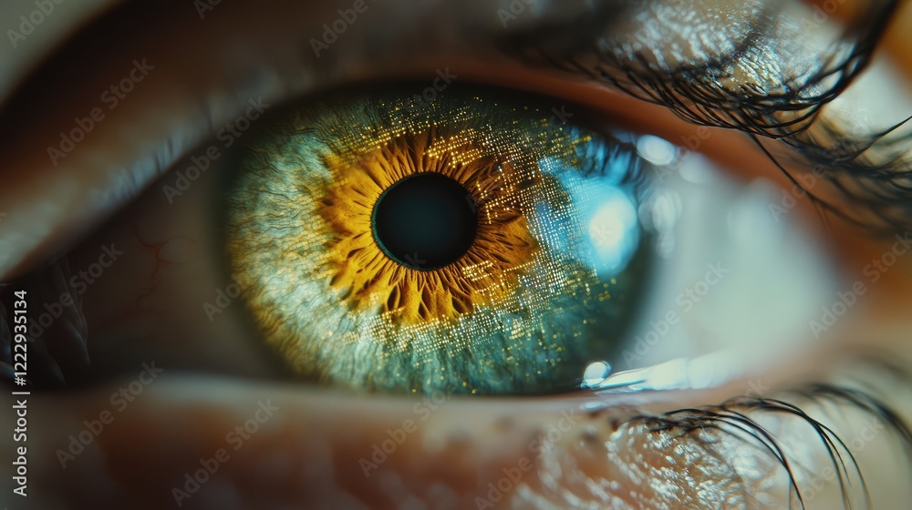 Aufkleber Macro Shot of a Digital Eye Featuring Data Visualization Elements with Space for Text Addition and Interpretative Graphics