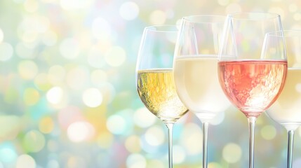Elegant Wine Glasses Display with Colorful Bokeh Background for Wine Bar Promotional Banner Featuring Space for Text and Branding
