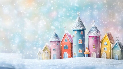 Whimsical Winter Village with Colorful Houses and Snowflakes Against a Soft Background for Text Overlay