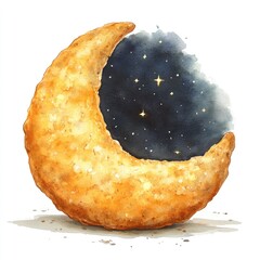 A whimsical crescent moon-shaped pastry with a starry night background, evoking a sense of wonder