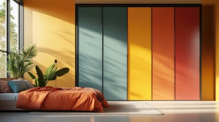 Cozy modern bedroom featuring a colorful wardrobe and ample copy space for design or text integration