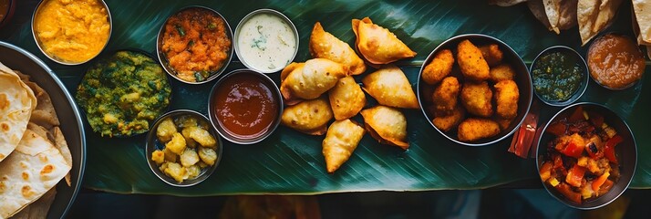 A vibrant spread of Indian snacks served on a banana leaf.