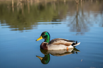 Fototapeta premium Mallard duck floating on serene pond with mirrored trees and sky