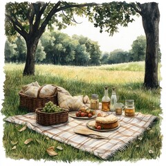 Serene picnic scene in a lush green field with baskets, fruits, and drinks under trees in summer