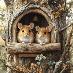 Two adorable mice peeking out from a rustic tree hollow surrounded by autumn foliage in a serene forest