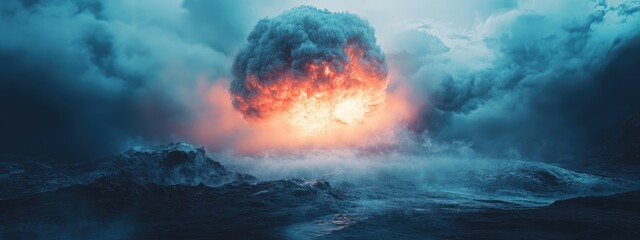 Dramatic nuclear explosion with a mushroom cloud over turbulent seas and a serene sky featuring empty space for text or captions